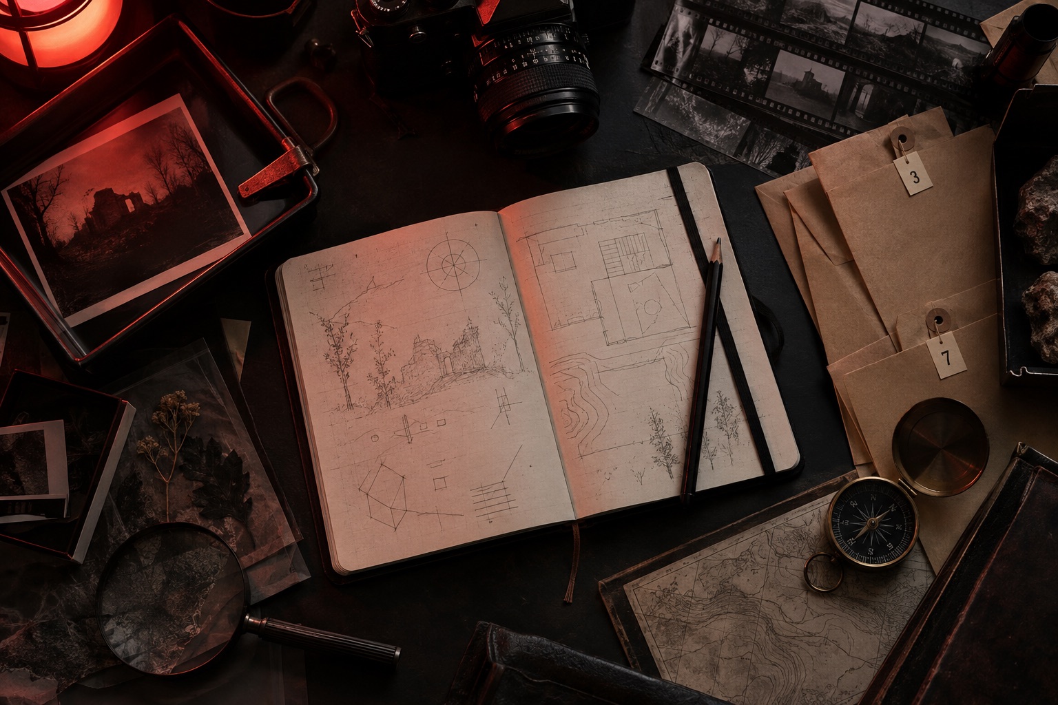 Illustration : carnet de terrain et enveloppes de pièces sur une table d’investigation