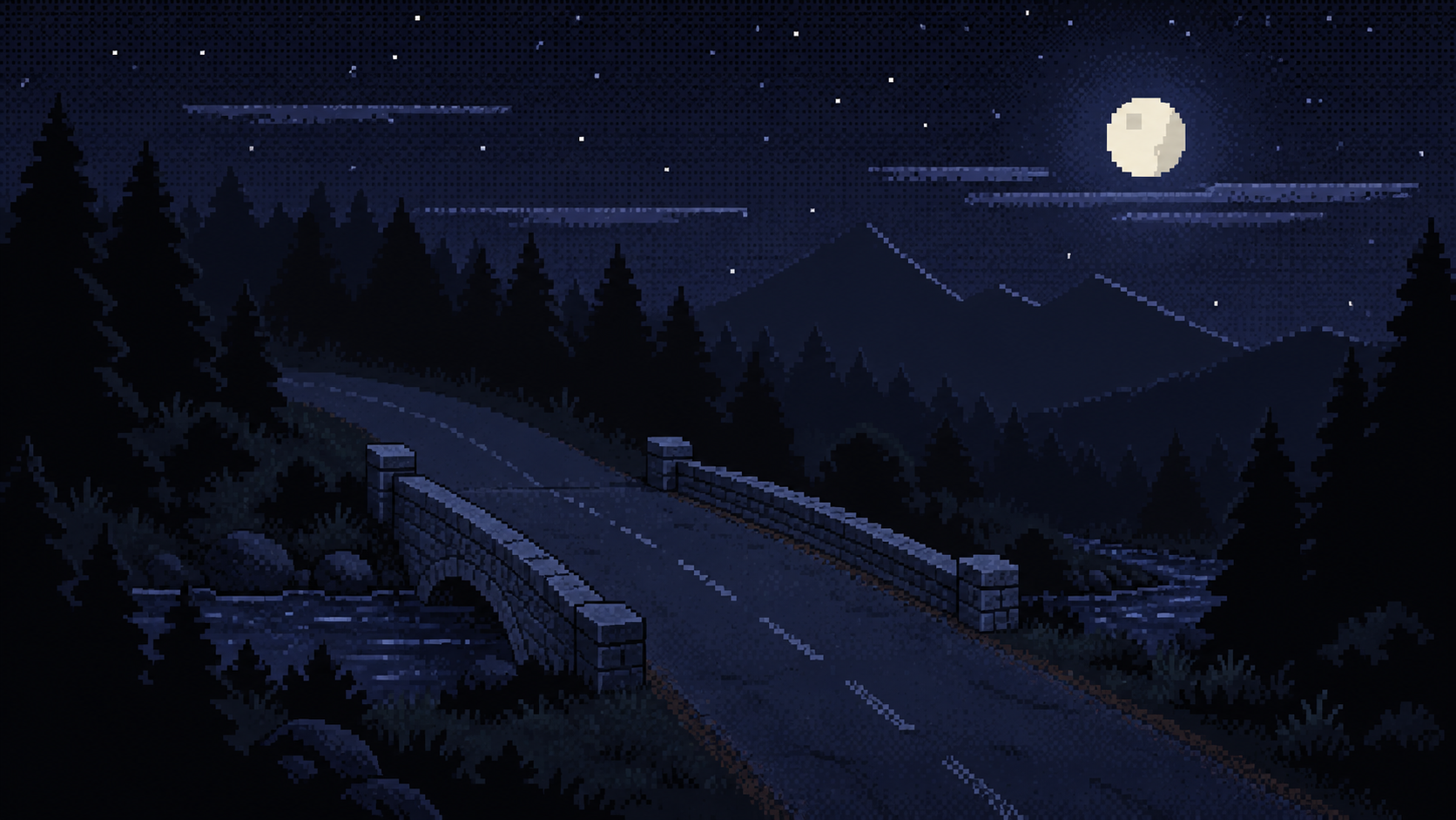 Illustration pixel art : la route traverse un pont de pierre dans les bois