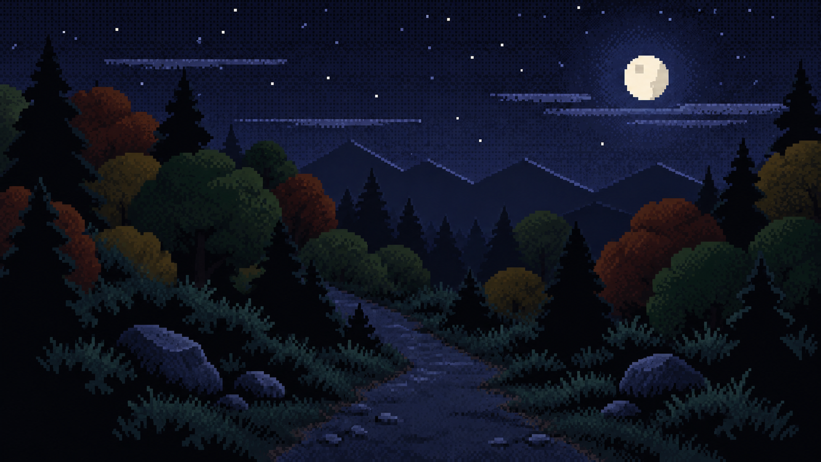Illustration : forêt aux feuillages verts, ocre et roux sous la lune