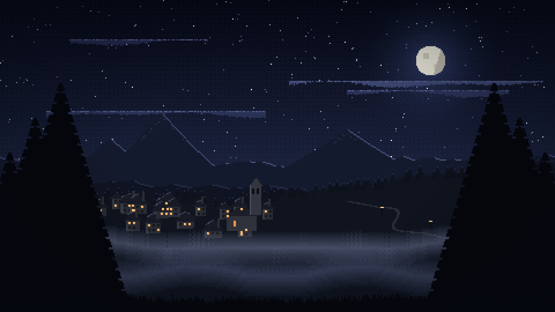 Illustration pixel art : les lumières de Valmorne dans la vallée, sous la lune